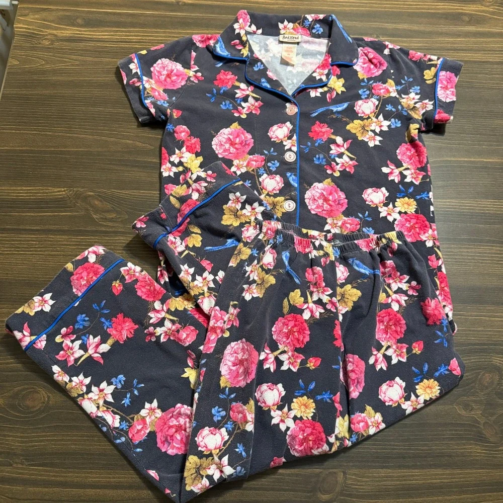 BedHead Pajama Set Button Down‎ Shirt & Pants Women's XS Floral Comfy Grey Pink